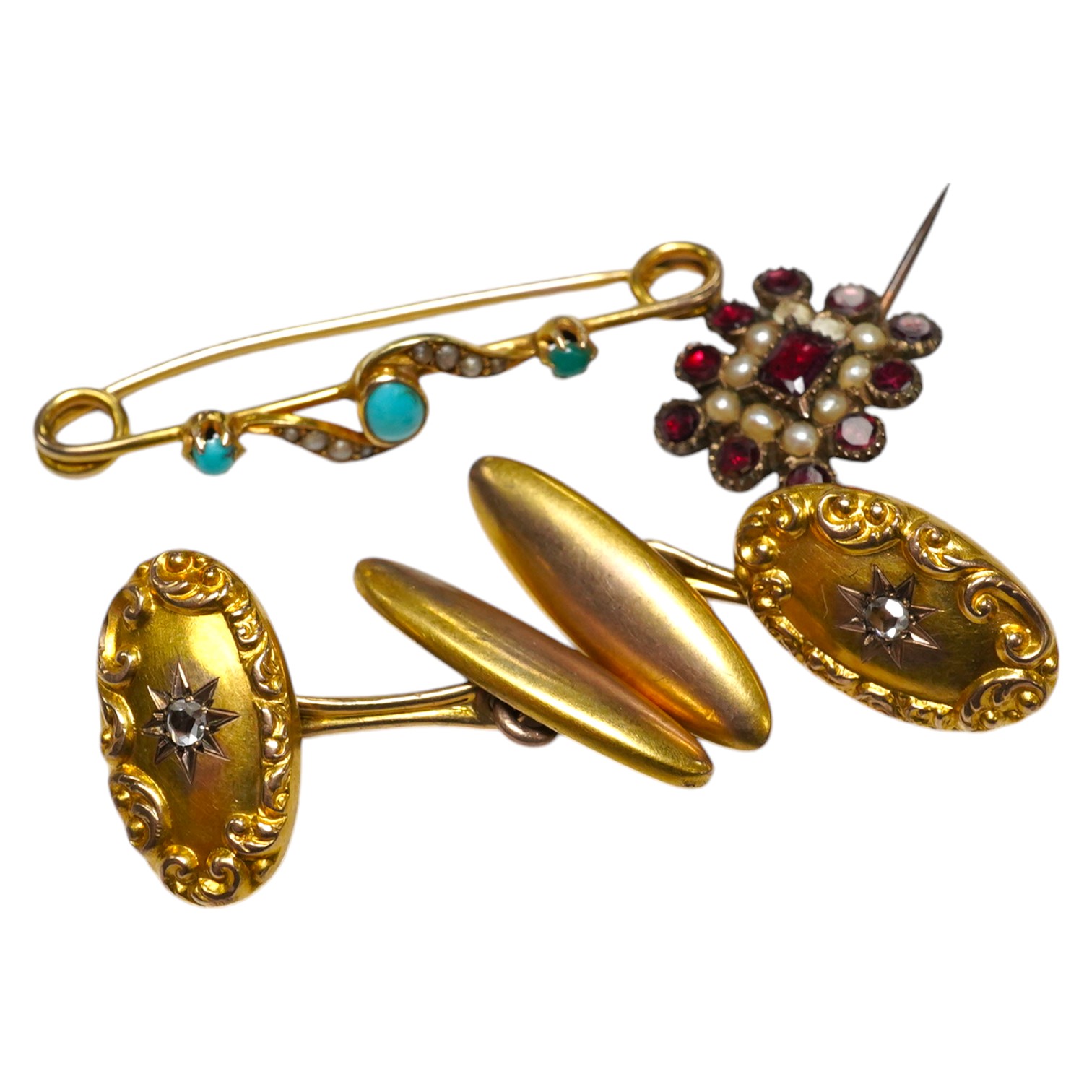 A 15ct gold split pearl and turquoise bar brooch, gross 1.9 grams, a pair unmarked yellow metal cufflinks, each set with an old cut diamond, gross 4.3 grams and an early Victorian garnet and pearl set mourning brooch. Co